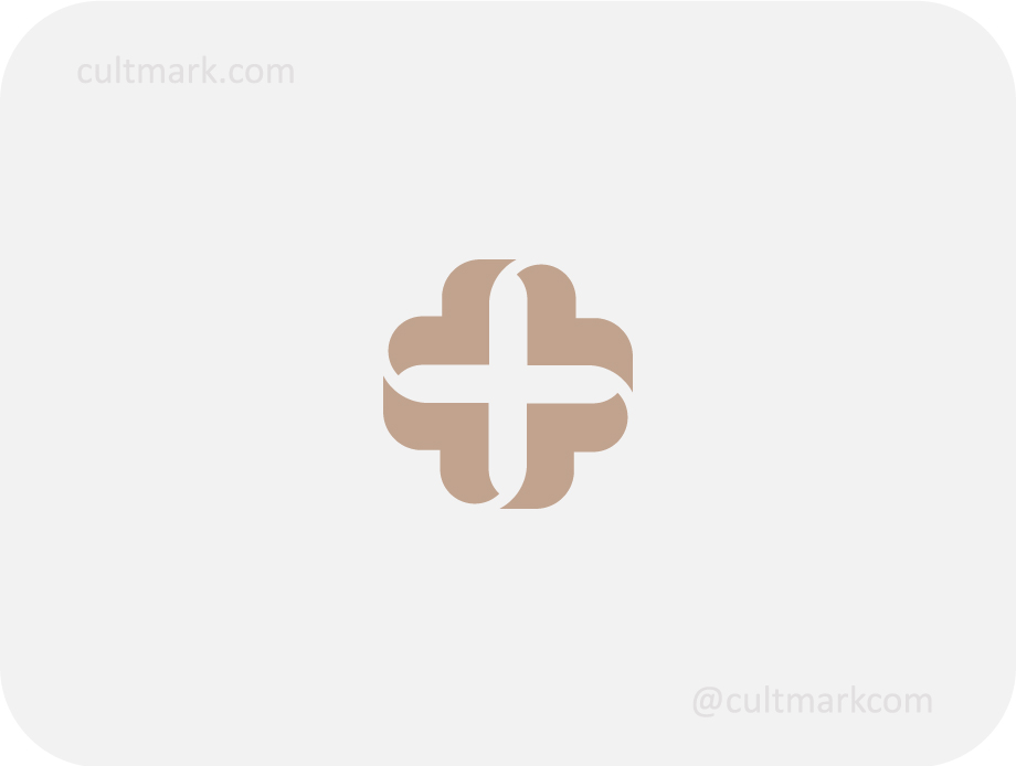 Cultmark Geometric Cross logo, elegant beige vector symbol of rounded shapes for healthcare, wellness clinic, or pharmacy business identity on light background.