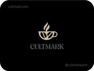 Cultmark Coffee Bean Cup logo, elegant gold vector symbol of a coffee cup and beans for cafe, roastery, or coffee shop business identity on black background.