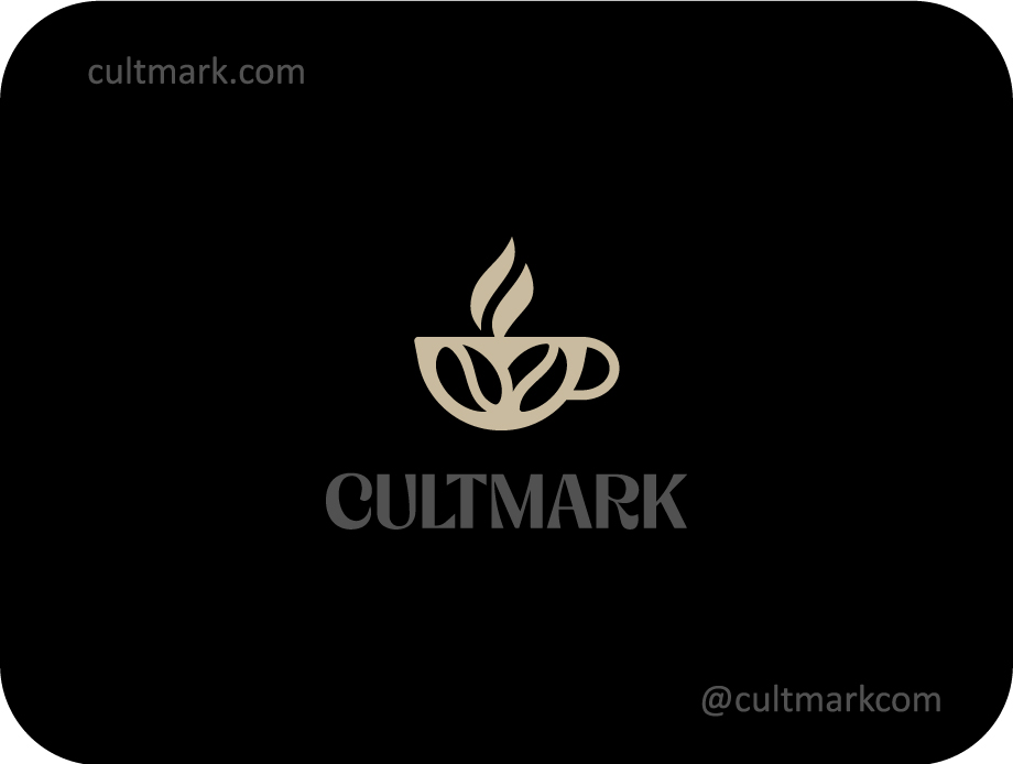 Cultmark Coffee Bean Cup logo, elegant gold vector symbol of a coffee cup and beans for cafe, roastery, or coffee shop business identity on black background.