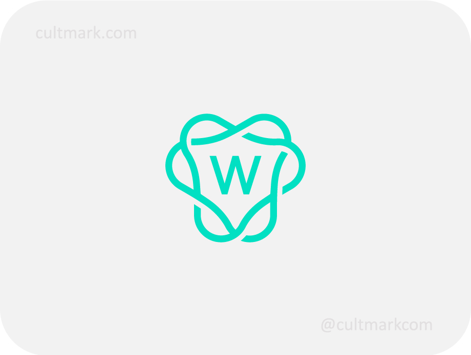 Cultmark Ornate Letter W Frame logo, modern turquoise monoline vector symbol of decorative flowing lines and letter W for premium design, boutique, or luxury business identity.
