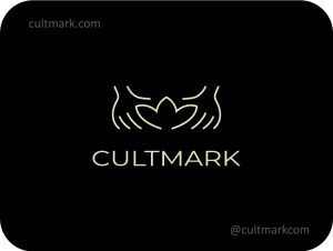 Cultmark Healing Hands Wellness logo, elegant gold line-art vector symbol of hands and a lotus for massage, spa, or therapy business identity on black background.