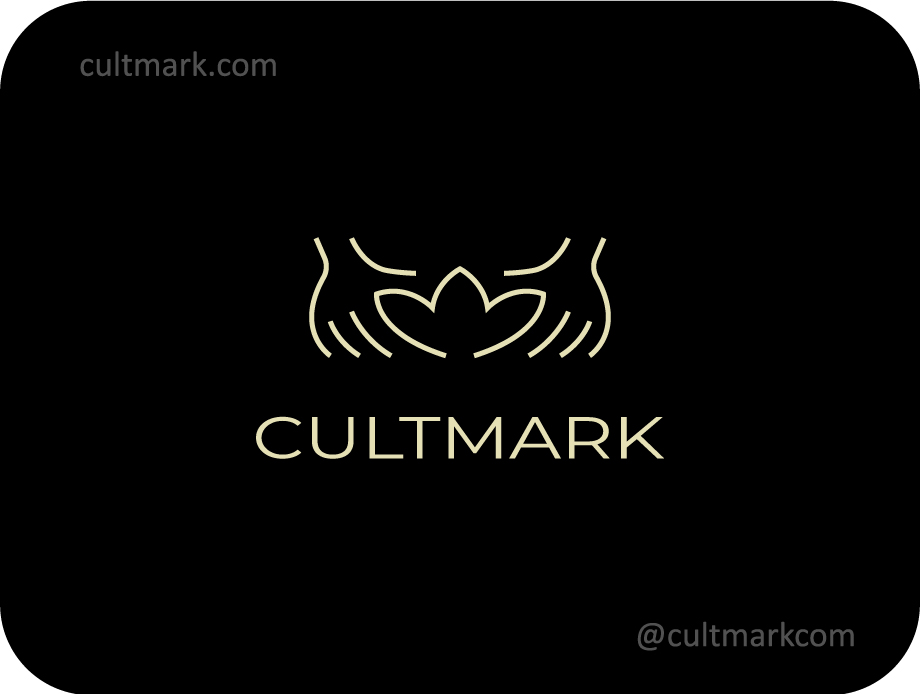 Cultmark Healing Hands Wellness logo, elegant gold line-art vector symbol of hands and a lotus for massage, spa, or therapy business identity on black background.