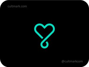 Cultmark Heart Infinity logo, modern turquoise monoline vector symbol of a heart and loop for wellness, charity, or lifestyle business identity on black background.