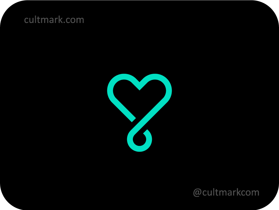Cultmark Heart Infinity logo, modern turquoise monoline vector symbol of a heart and loop for wellness, charity, or lifestyle business identity on black background.