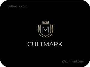 Cultmark Heraldic Letter M Shield logo, elegant gold monoline vector symbol of a crown, wheat, and letter M for premium organic, finance, or luxury business identity on black background.
