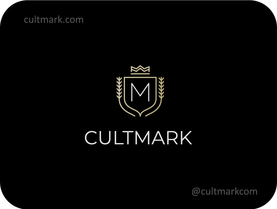 Cultmark Heraldic Letter M Shield logo, elegant gold monoline vector symbol of a crown, wheat, and letter M for premium organic, finance, or luxury business identity on black background.