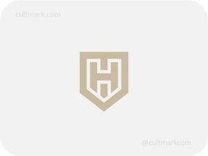Cultmark Letter H Shield logo, modern beige vector symbol of a shield and letter H for security, construction, or law business identity on light background.