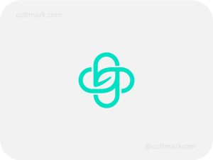 Cultmark minimalist teal medical cross logo with a leaf inside, interlaced infinity knot icon for natural healthcare and holistic wellness branding.