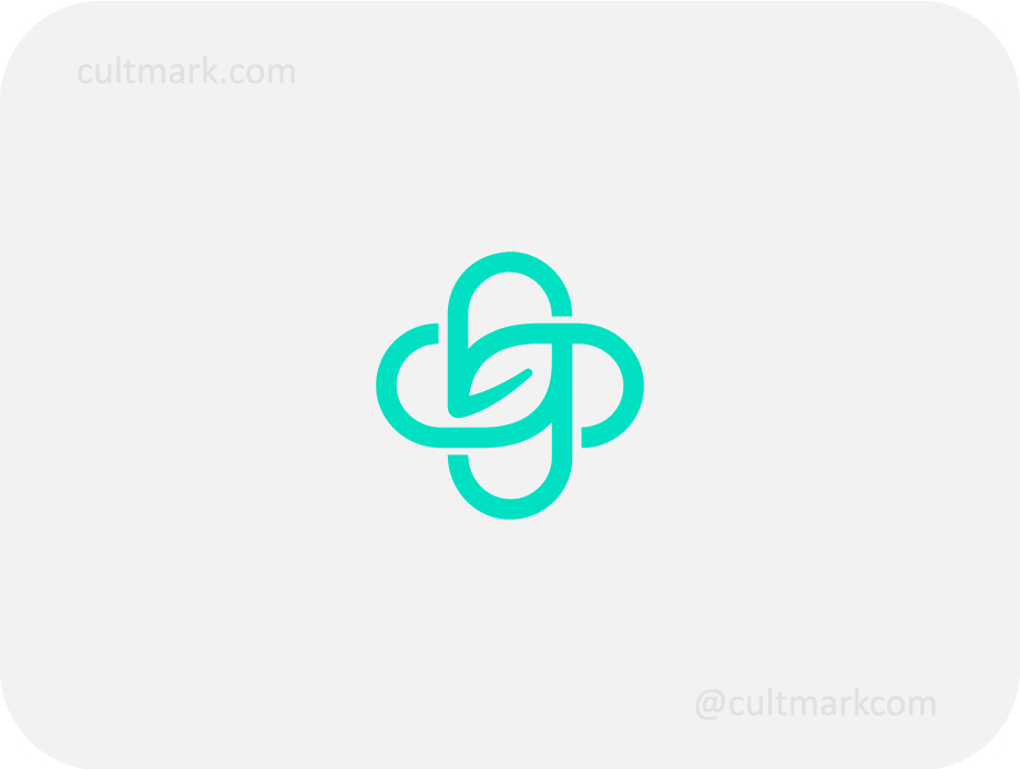 Cultmark minimalist teal medical cross logo with a leaf inside, interlaced infinity knot icon for natural healthcare and holistic wellness branding.