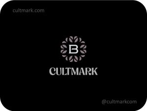 Cultmark Ornate Letter B Floral logo, elegant dusty-rose vector symbol of a flower wreath and letter B for beauty, boutique, or luxury business identity on black background.
