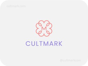 Cultmark Ornate Letter M Flower logo, modern pink monoline vector symbol of a stylized blossom and letter M for beauty, floral, or wellness business identity on light background.