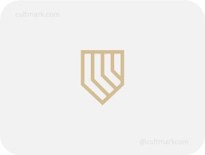 Cultmark Geometric Linear Shield logo, modern beige monoline vector symbol of diagonal structural lines for security, tech, or construction business identity on light background.