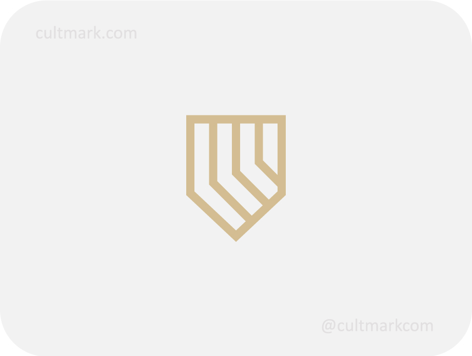 Cultmark Geometric Linear Shield logo, modern beige monoline vector symbol of diagonal structural lines for security, tech, or construction business identity on light background.