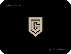 Cultmark Letter C Shield logo, modern beige vector symbol of a shield and letter C for security, construction, or law business identity on black background.