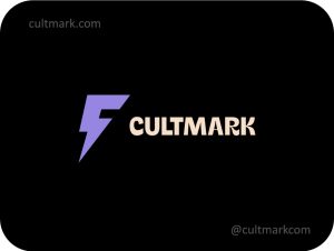 Cultmark Dynamic Letter F Lightning logo, modern purple vector symbol of a lightning bolt and letter F for tech, energy, or sports business identity on black background.