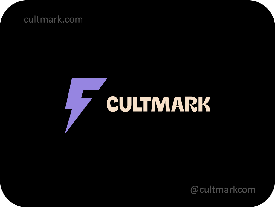 Cultmark Dynamic Letter F Lightning logo, modern purple vector symbol of a lightning bolt and letter F for tech, energy, or sports business identity on black background.