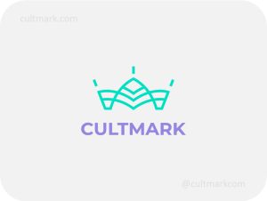 Cultmark Geometric Linear Crown logo, modern turquoise monoline vector symbol of an abstract crown for tech, beauty, or luxury business identity on light background.