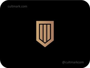 Cultmark Modern Shield Column logo, luxury gold gradient vector symbol of a geometric shield for law, finance, or security business identity on black background.