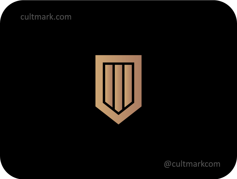 Cultmark Modern Shield Column logo, luxury gold gradient vector symbol of a geometric shield for law, finance, or security business identity on black background.