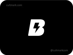 Cultmark Dynamic Letter B Lightning logo, modern white vector symbol of a lightning bolt and letter B for tech, energy, or sports business identity on black background.
