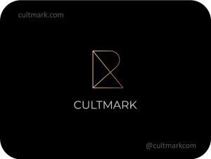 Cultmark Modern Geometric Letter R logo, luxury gold monoline vector symbol for architecture, fashion, or real estate business identity on black background.
