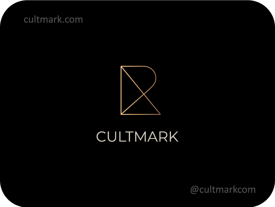 Cultmark Modern Geometric Letter R logo, luxury gold monoline vector symbol for architecture, fashion, or real estate business identity on black background.