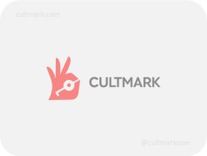 Cultmark Hand Holding Key logo, modern coral vector symbol of a hand holding a key for property, housing, or real estate business identity on light background.