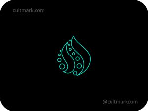 Cultmark Abstract Water Drop logo, modern cyan monoline vector symbol with bubbles for wellness, filtration, or laboratory business identity on black background.