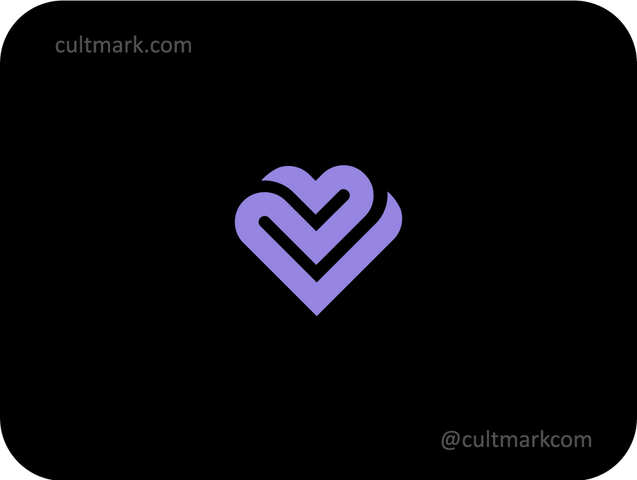 Cultmark minimalist violet heart logo with interlaced lines, professional infinity heart icon for lifestyle, wellness, and beauty branding.