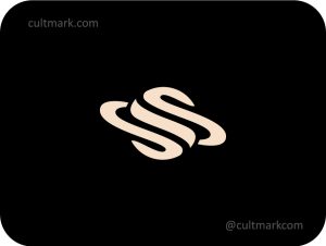 Cultmark Planet Letter S logo, modern beige vector symbol of a planet with rings forming the letter S for space-tech, logistics, or science business identity on black background.