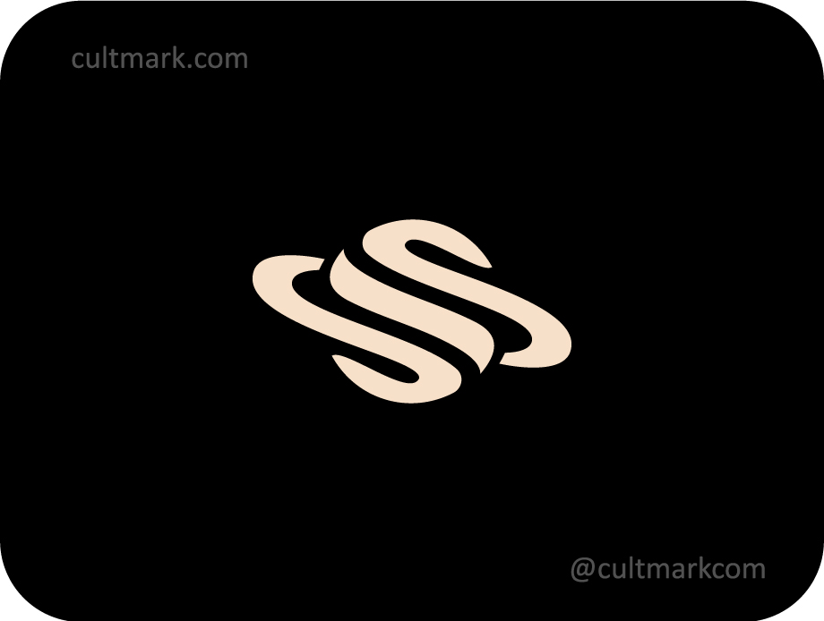Cultmark Planet Letter S logo, modern beige vector symbol of a planet with rings forming the letter S for space-tech, logistics, or science business identity on black background.