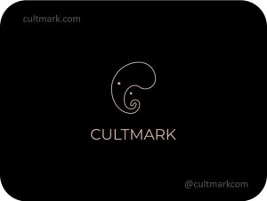 Cultmark Elephant Head logo, luxury beige monoline vector symbol for wildlife protection, zoo, or animal welfare business identity on black background.