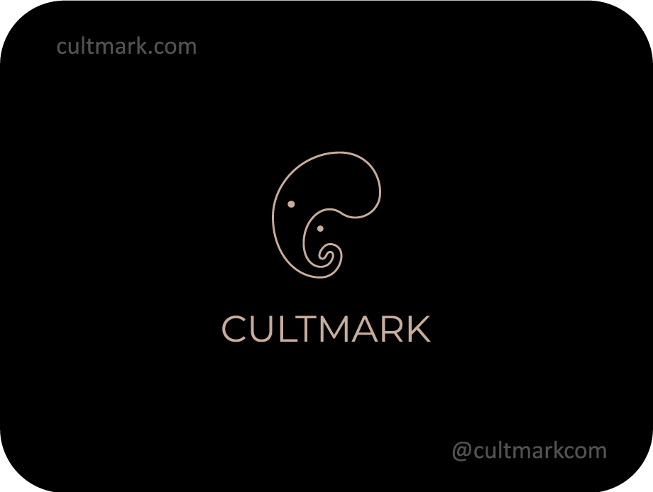 Cultmark Elephant Head logo, luxury beige monoline vector symbol for wildlife protection, zoo, or animal welfare business identity on black background.