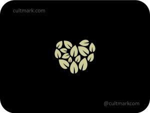 Cultmark Heart Leaves logo, elegant beige vector symbol of a heart made of leaves for wellness, organic food, or environmental business identity on black background.