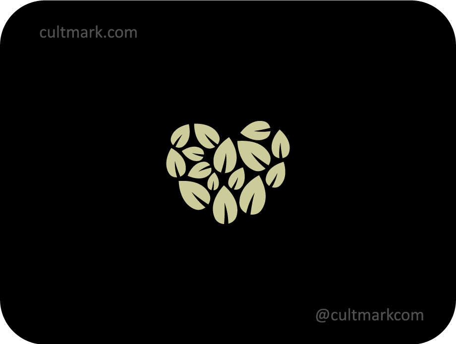 Cultmark Heart Leaves logo, elegant beige vector symbol of a heart made of leaves for wellness, organic food, or environmental business identity on black background.