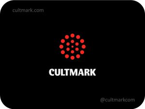 Cultmark Abstract Firework logo, vibrant red dotted vector symbol representing energy and celebration for event or creative business identity on black background.