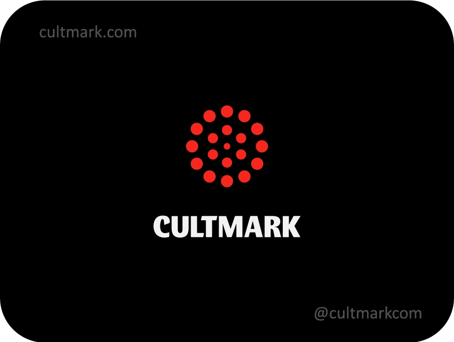 Cultmark Abstract Firework logo, vibrant red dotted vector symbol representing energy and celebration for event or creative business identity on black background.