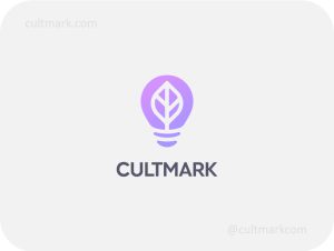 Cultmark Eco Bulb logo, modern purple gradient vector symbol of a light bulb with a leaf for green tech, energy, or creative business identity.