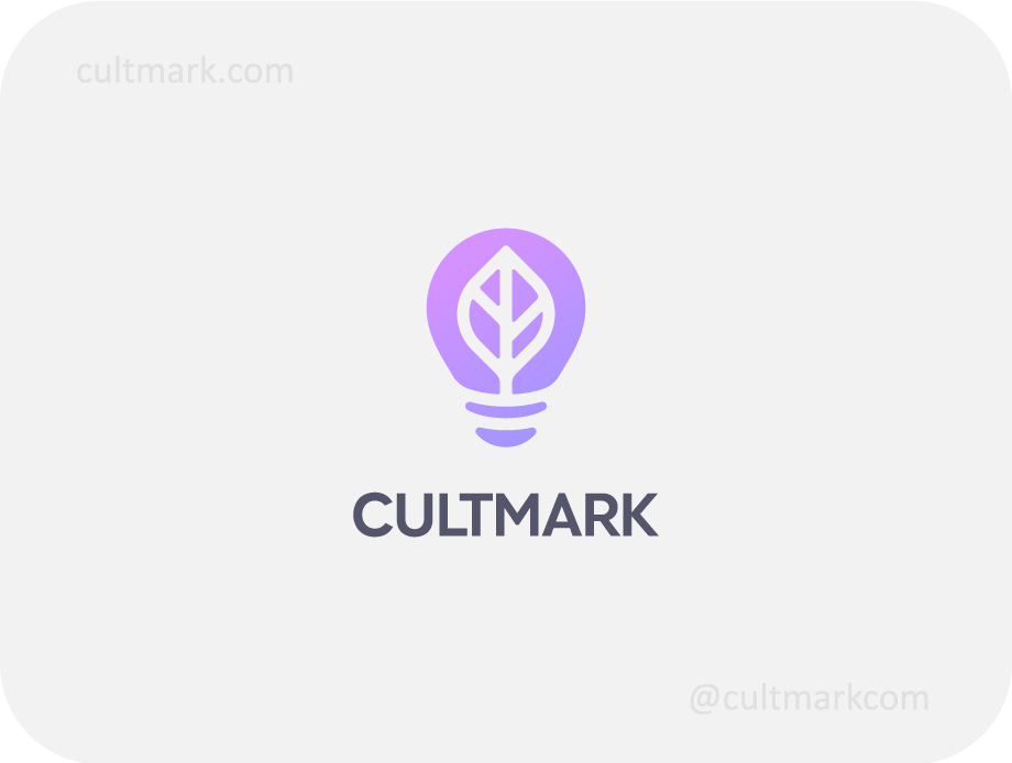 Cultmark Eco Bulb logo, modern purple gradient vector symbol of a light bulb with a leaf for green tech, energy, or creative business identity.