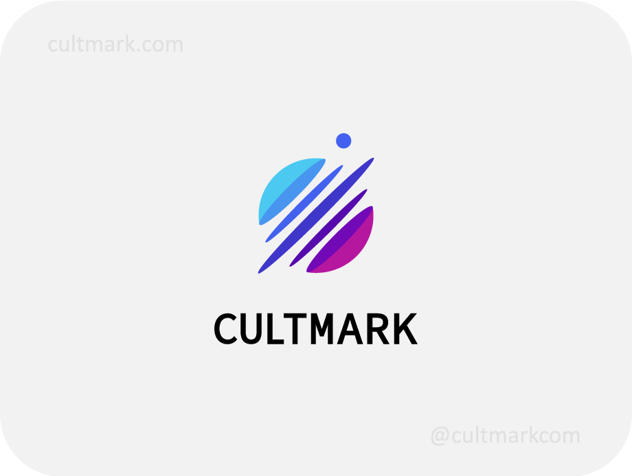 Cultmark Abstract Planet Atom logo, modern blue and purple gradient vector symbol of a sliced sphere with an orbital dot representing global tech and science.