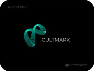 Cultmark Abstract Infinity logo, elegant cyan monoline vector symbol of a continuous loop for tech, wellness, or luxury business identity on black background.