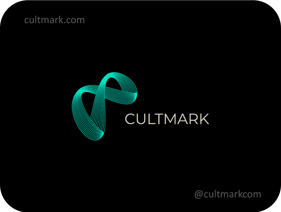 Cultmark Abstract Infinity logo, elegant cyan monoline vector symbol of a continuous loop for tech, wellness, or luxury business identity on black background.