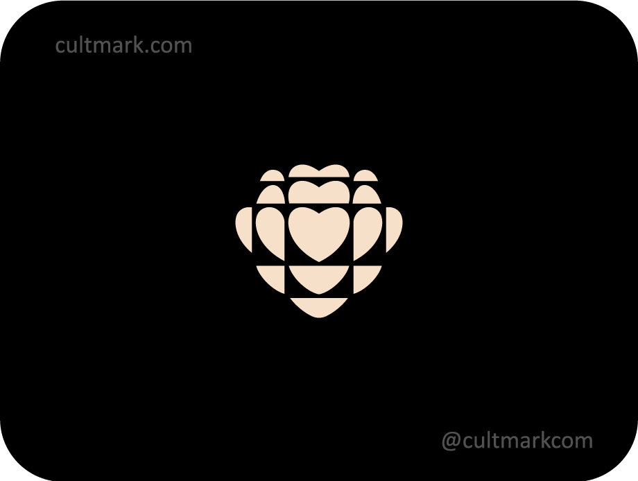 Cultmark Geometric Heart logo, elegant beige vector symbol of layered hearts for luxury wellness, jewelry, or boutique business identity on black background.