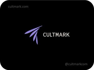 Cultmark Abstract Bird logo, violet minimalist vector symbol of a hummingbird and sail representing flight and agility for travel or creative business identity.