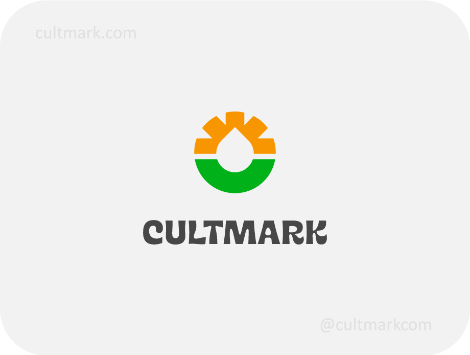 Cultmark Eco Drop Sun logo, stylized vector symbol with a central white drop, green earth, and orange sun representing natural harmony and sustainability.