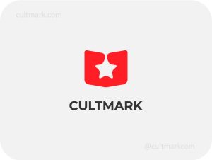 Cultmark Book Star logo, red vector symbol of an open book with a star in negative space representing success and education business identity.