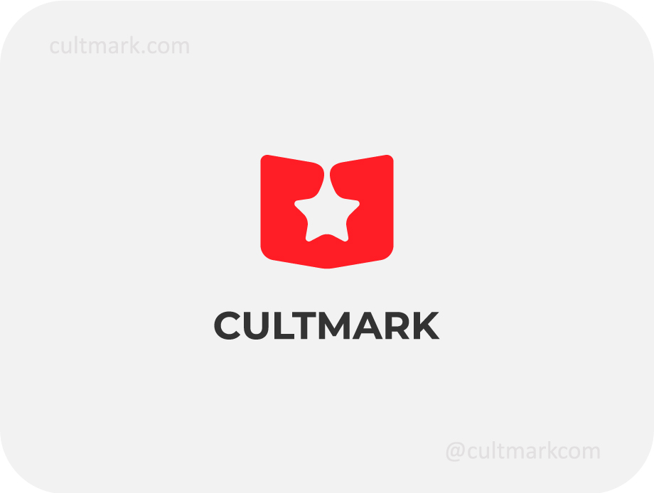 Cultmark Book Star logo, red vector symbol of an open book with a star in negative space representing success and education business identity.