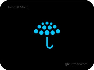 Cultmark Dot Umbrella logo, blue minimalist vector symbol of an umbrella made of dots representing protection and digital security for insurance or tech business.