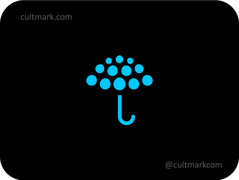 Cultmark Dot Umbrella logo, blue minimalist vector symbol of an umbrella made of dots representing protection and digital security for insurance or tech business.