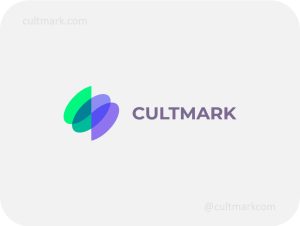Cultmark Abstract Synergy Layers logo, green and violet translucent vector petals representing digital transparency and creative balance for app or design studio business identity.